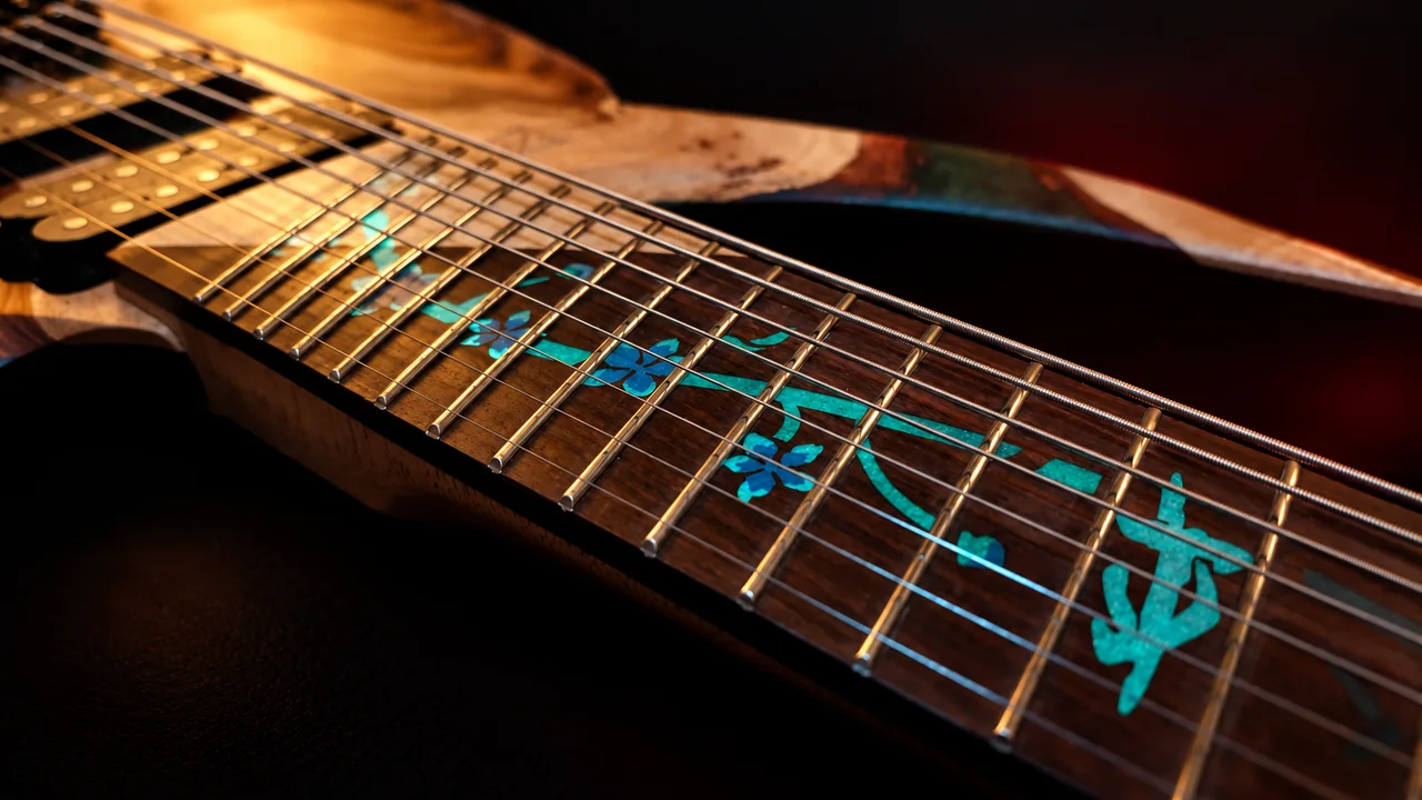 The fretboard with turquoise inlays